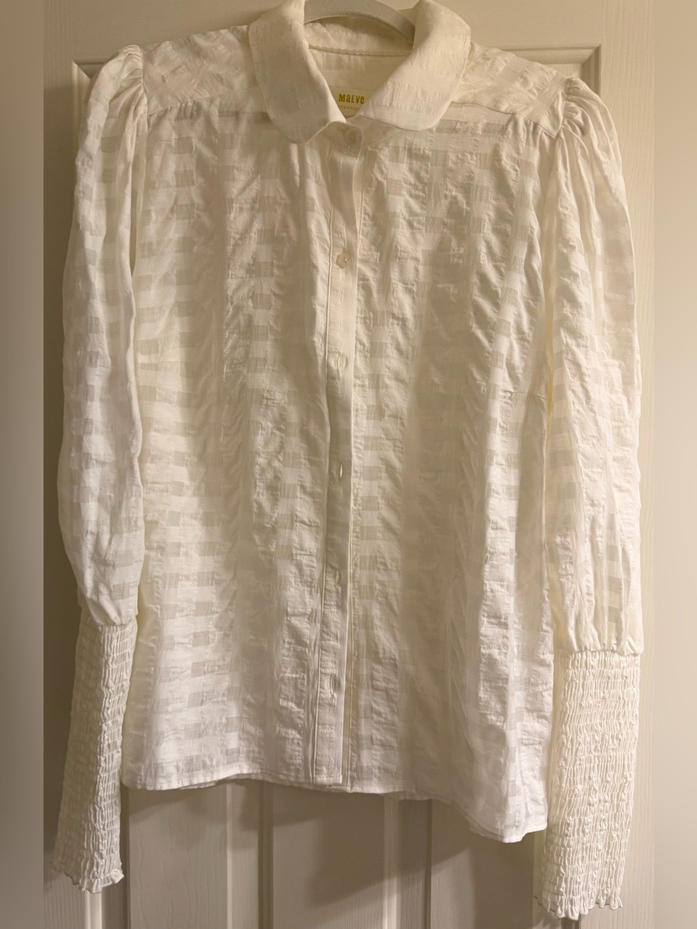 Maeve White Textured Button-Down Blouse with Smocked Cuffs